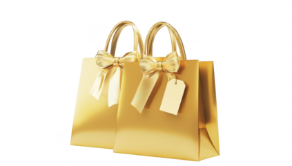 Two elegant golden shopping bags with bows and tags on a clean white background. ideal for luxury retail products or special occasion gifts
