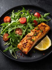 Pan-seared salmon fillet served with a vibrant arugula salad featuring halved cherry tomatoes and a lemon wedge, plated on a dark surface