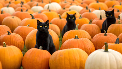 Black cats among vibrant pumpkins on a sunny autumn day in a rural field