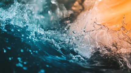Fototapeta premium Close up of a wave crashing and creating a spray of water. The water is a deep blue color and the background is a soft orange.