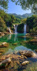 Serene waterfall cascading into a crystal-clear pool, surrounded by lush greenery and mountains under a sunny sky, viewed from a low angle