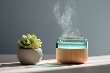 A modern, wood and glass aromatherapy diffuser emits a gentle steam beside a small succulent plant on a light wood surface