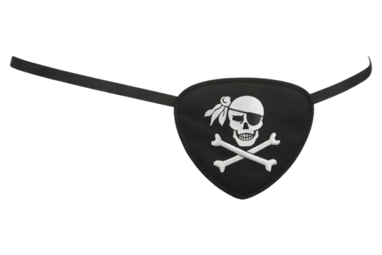 Black pirate eye patch with skull and crossbones design, isolated on transparent background. background removed