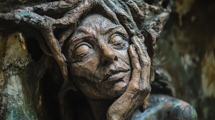 Obraz premium Close-up of a bronze sculpture of a woman's face with tree roots in her hair.