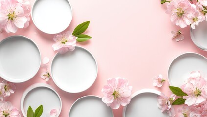 Pink background features several small, empty, white dishes arranged asymmetrically, interspersed with delicate light pink blossoms and green leaves, leaving central space blank