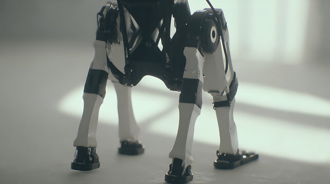 Close-up of a quadrupedal robotic machine with articulated legs and mechanical joints in a well-lit indoor environment