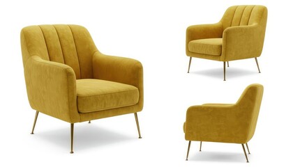 Naklejka premium Modern Mustard Yellow Velvet Armchair Three Views Furniture Product Display