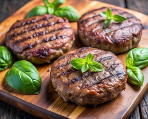 Three grilled beef patties with fresh basil leaves on wooden board