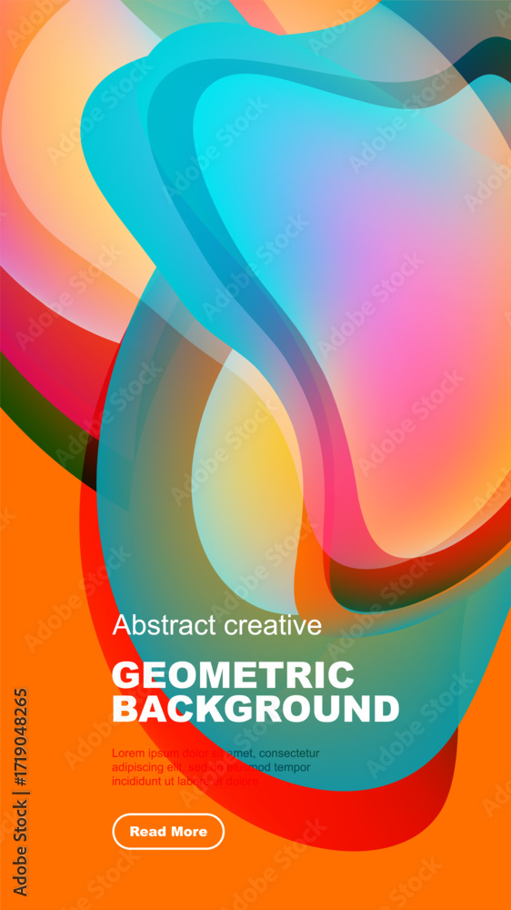Poster vibrant abstract shapes overlap, creating dynamic colorful composition. black background emphasizes 