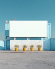 Obraz premium Blank billboard against pastel-blue building, with yellow planters