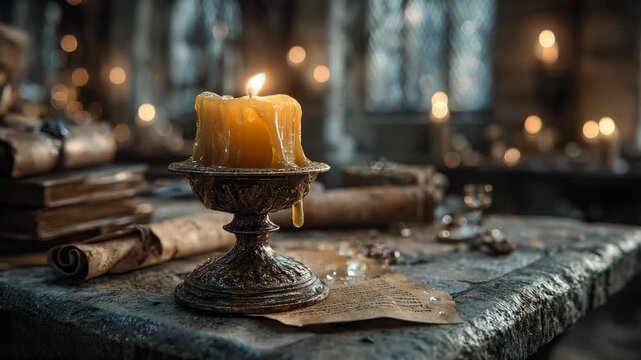 Vintage burning candle and ancient scrolls in warm yellow and brown tones, representing historical research