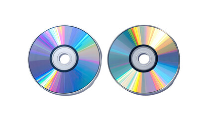 Two colorful CDs side-by-side, showcasing iridescent patterns. The discs have a central hole and a reflective, spectral, rainbow-like effect