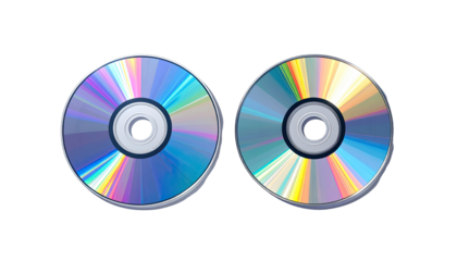 Two colorful CDs side-by-side, showcasing iridescent patterns.  The discs have a central hole and a reflective, spectral, rainbow-like effect