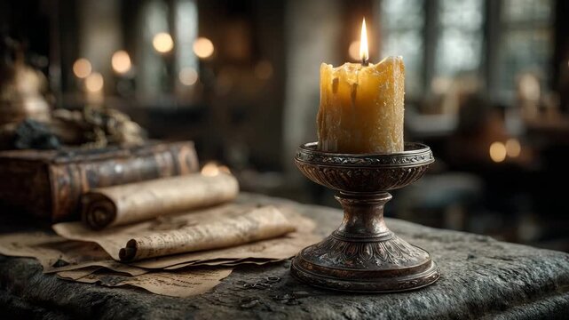 Vintage burning candle and ancient scrolls in warm yellow and brown tones, representing historical research