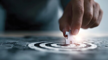 A hand places the final puzzle piece onto a target symbolizing strategic business goal achievement