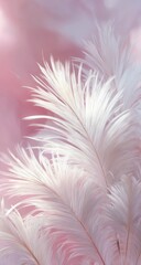 Obraz premium Close-up of delicate white feathers against a soft pink background