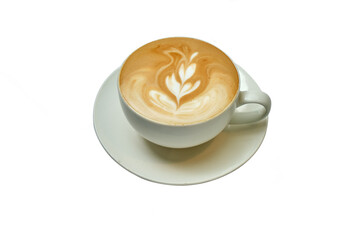 Latte with leaf-shaped latte art in a white cup and saucer on a black background — a tribute to coffee culture and barista craftsmanship.