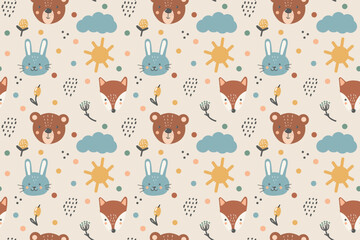 Cute forest animals, seamless pattern for babies. Fox, bear, hare, berries, clouds and sun in pastel colors on beige background. Hand drawing.