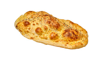 Turkish ballon lavash with golden crust and poppy seeds on white background. Airy texture and puffed surface highlight freshness.