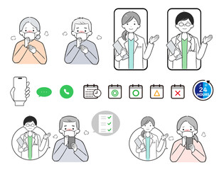 Online Medical Consultation and Telemedicine Icon Set with Sick Patients and Doctors on Video Call