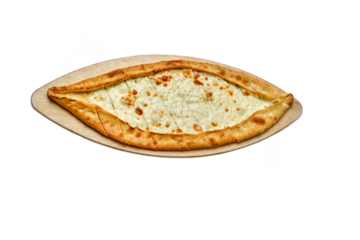 Traditional Turkish cheese pide with golden crust, sliced and served on a rustic wooden board.