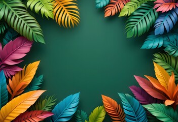 Colorful Tropical Leaf Frame on Deep Green Background – Exotic Botanical Design, Nature Theme, High-Resolution Digital Art