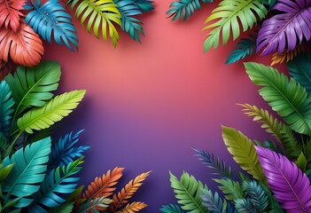 Vibrant Tropical Leaf Frame on Gradient Pink-to-Purple Background – Exotic Botanical Design, Summer Theme, High-Resolution Digital Art