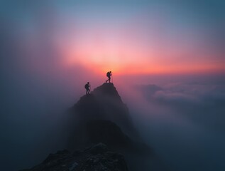 Summit Conquerors: Two figures stand triumphantly atop a rugged mountain peak, silhouetted against a breathtaking sunset canvas of vibrant hues and enveloping clouds, epitomizing achievement.