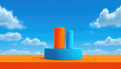 Two cylindrical containers, orange and blue, rest atop a circular platform against a backdrop of a vibrant sky.