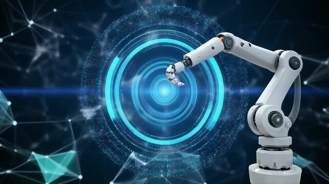 Motion graphic of Robot arm and Blue digital AI logo with particle ring circle orbit rotation on futuristic abstract background AI artificial intelligence technology and machine learning concepts