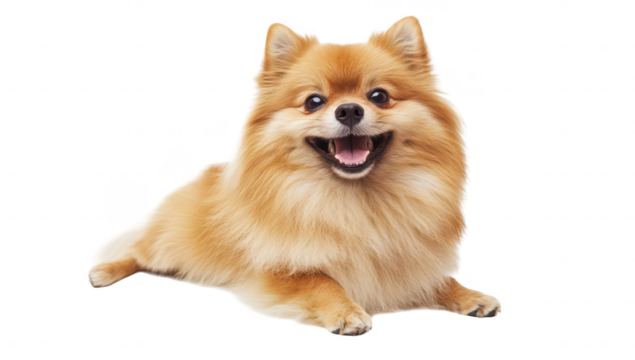 A cheerful Pomeranian dog lounging comfortably on a clean white background. its fluffy fur and playful demeanor. perfect for pet-related content or advertisements