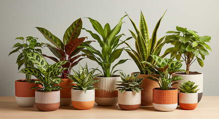 Obraz premium Collection of various potted houseplants arranged on a wooden surface
