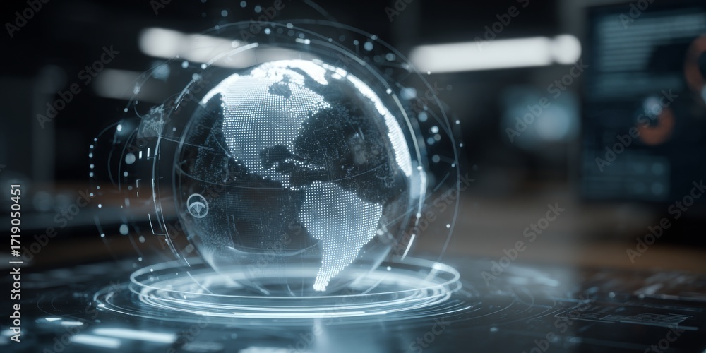 Poster digital interaction with holographic globe and data icons representing modern technology and global 