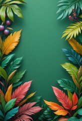 Colorful Tropical Leaf Frame on Deep Green Background – Exotic Botanical Design, Nature Theme, High-Resolution Digital Art
