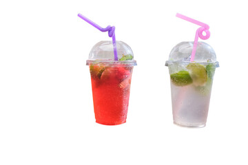 Two non-alcoholic mojitos with lime, ice, and colorful straws in plastic cups with dome lids — a vibrant summer presentation.