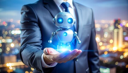 A close-up shot of a person in a suit, their hands open and slightly cupped, with a glowing, futuristic blue outline of a friendly chatbot icon hovering above their palms. Surrounding the chatbot are 