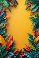 Tropical Leaf Frame with Vibrant Colors on Yellow Background – Exotic Botanical Design, Summer Theme, High-Resolution Digital Art