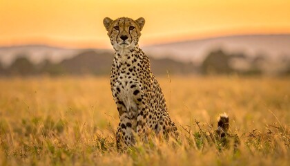 Naklejka premium Majestic Cheetah Sits Alertly in Golden African Savanna at Sunrise.