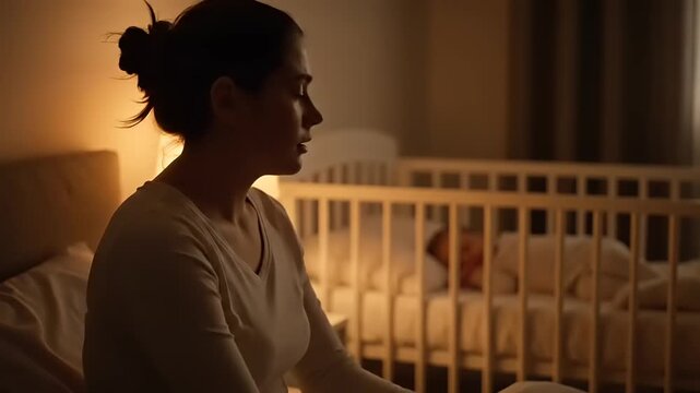 Exhausted mother sits on bed, weary from lack of sleep, beside a sleeping baby in a crib