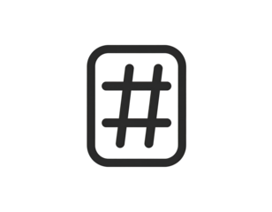 Dark, square icon of a hashtag symbol. A simple, outlined hashtag in a rectangle