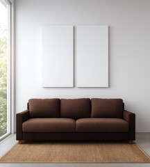 Modern living room showcasing a deep brown sofa and two blank canvases on a light neutral wall.