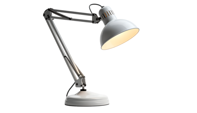 Articulated desk lamp; light grey metal body and shade; adjustable arm; weighted base