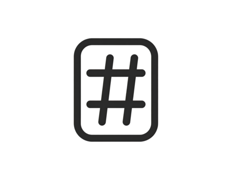 Dark, square icon of a hashtag symbol.  A simple, outlined hashtag in a rectangle