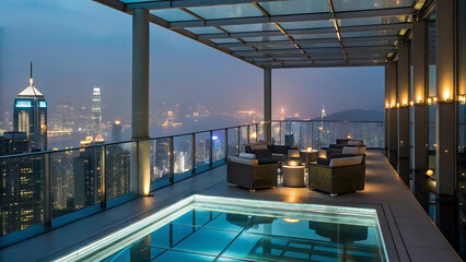 Fototapeta premium Rooftop Oasis Modern Lounge with Skyline View at Dusk