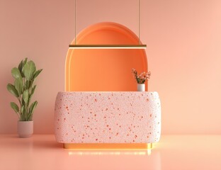A modern reception desk, illuminated by warm lighting, sits against a peachy orange wall accented with arches and a potted plant.