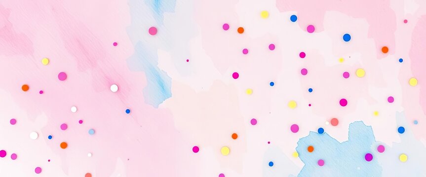 Delicate hand-drawn polka dots on a soft pastel watercolor wash with colorful fabric texture and confetti, confetti, background
