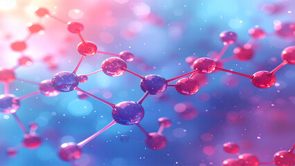 Abstract molecular design featuring interconnected atoms with a light blue and pink gradient.