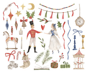 The Nutcracker. Watercolor hand-drawn christmas clip art. Whimsical christmas illustrations for design invitation, greeting card, fabrics, textiles, souvenirs
