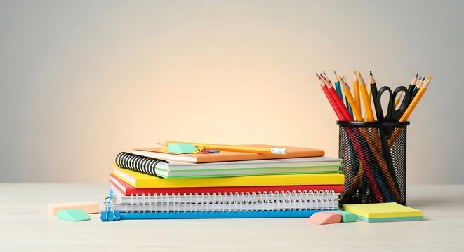 Vibrant Stack of Colorful School Books and Pencils in a Mesh Holder - Powered by Adobe
