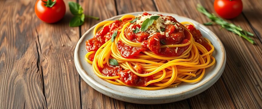 Golden spaghetti with tomato sauce, herbs, and cheese on rustic wood,  tasty,   rich sauce